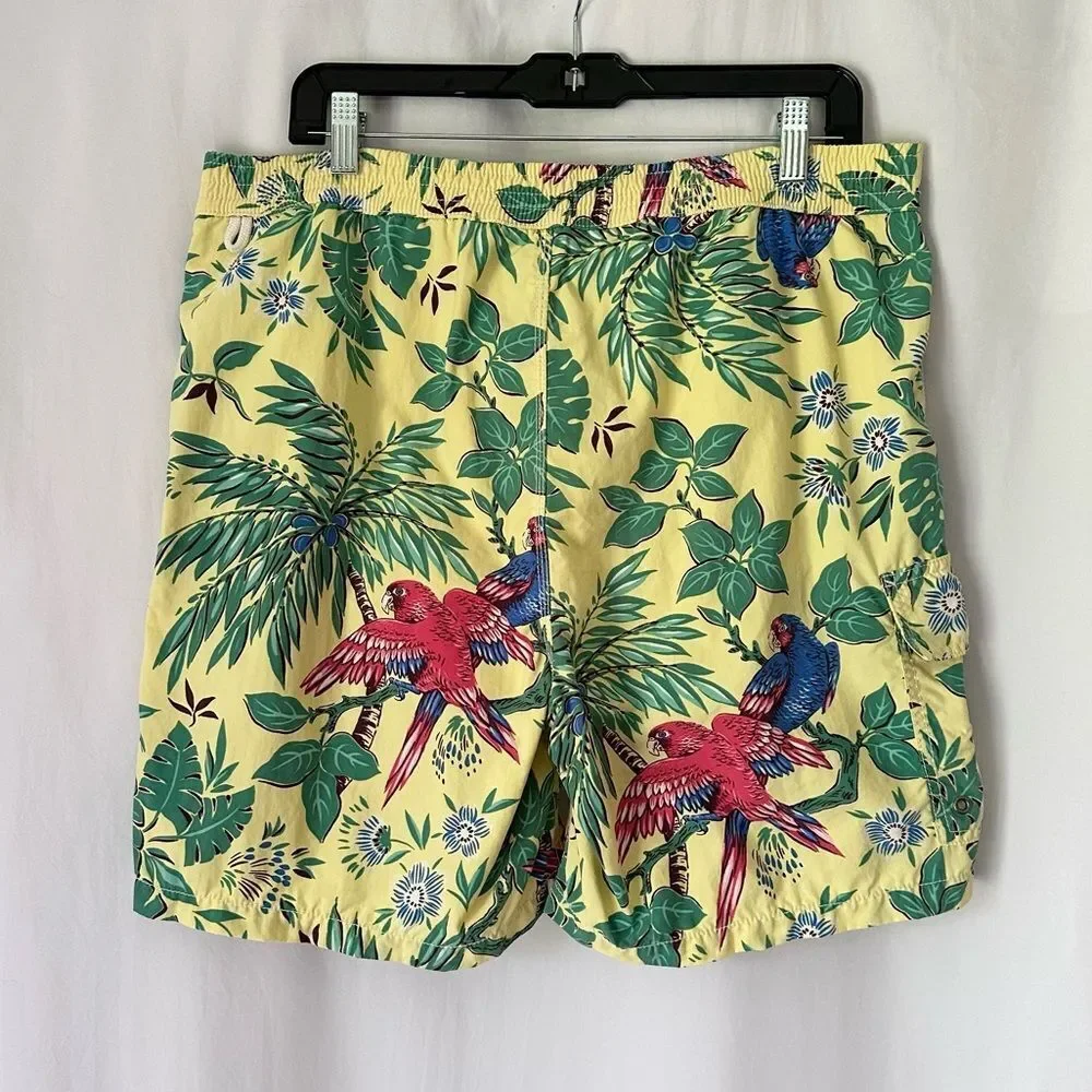 Vintage Polo Ralph Lauren Yellow Tropical Parrot Print Swim Trunks Size M